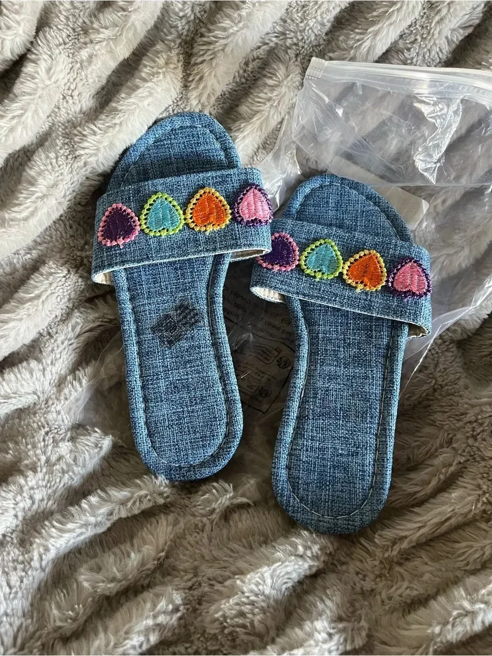 Denim Slide Sandals with Colorful Heart Embroidery Sz 34(2-3)